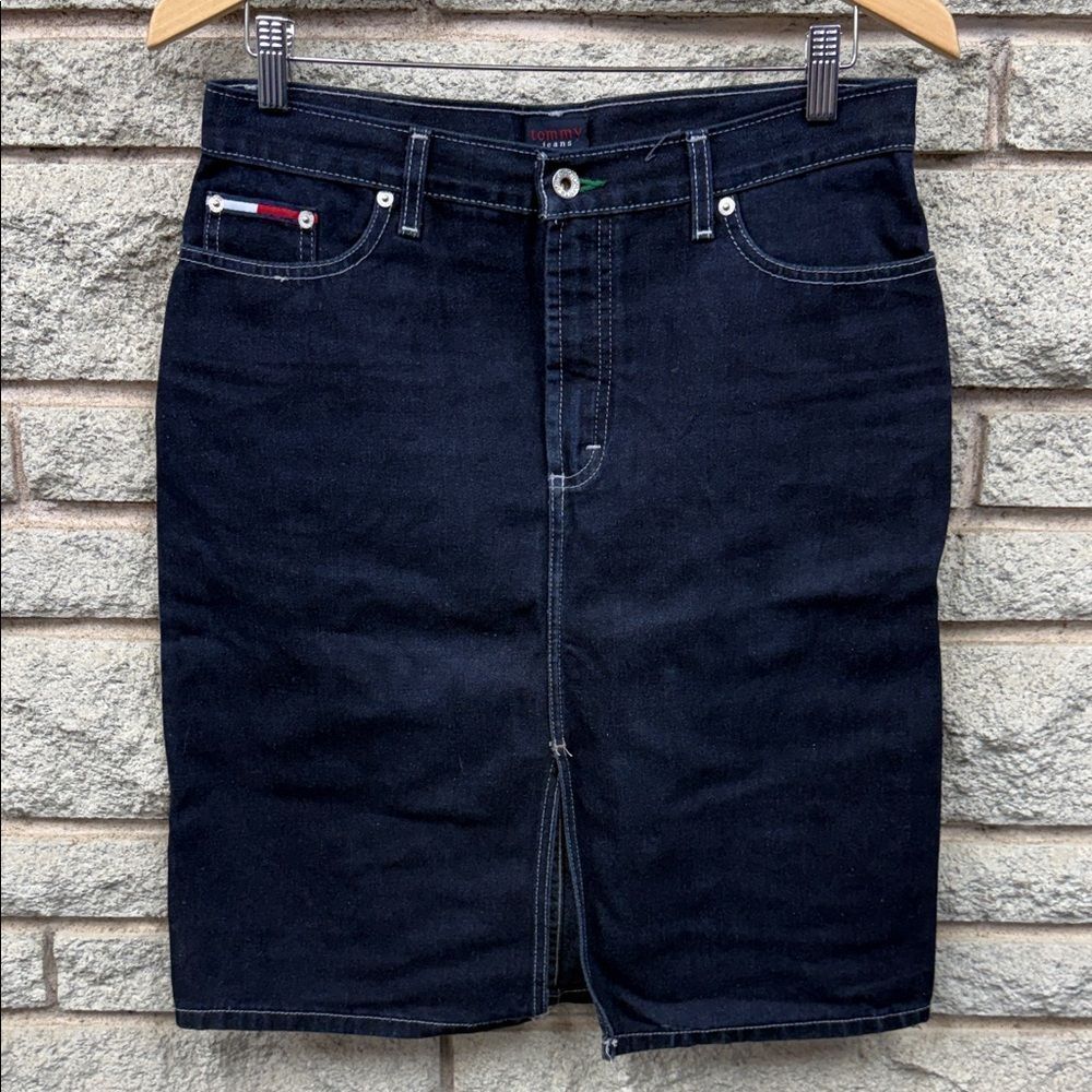 Tommy Hilfiger Navy Denim Pencil Skirt with Flag Detail